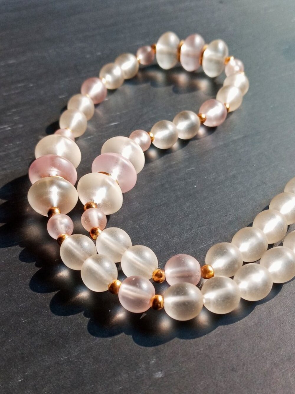 Vintage 1980s Frosted Glass Bead Necklace Pink Rose Disk Saucer Gold Tone Nice!
